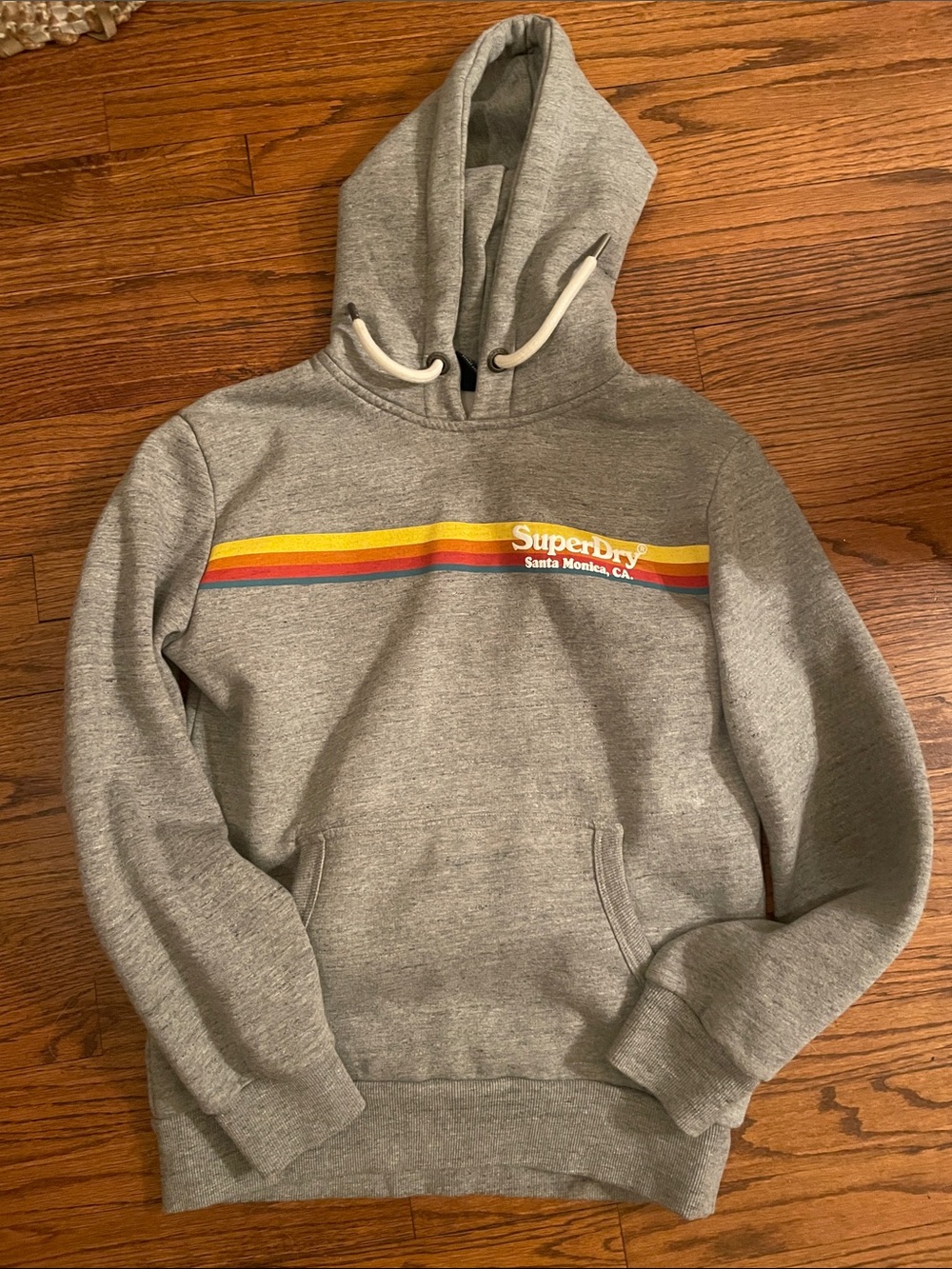 Superdry Gray Hoodie with Retro Yellow-Red-Blue Stripe